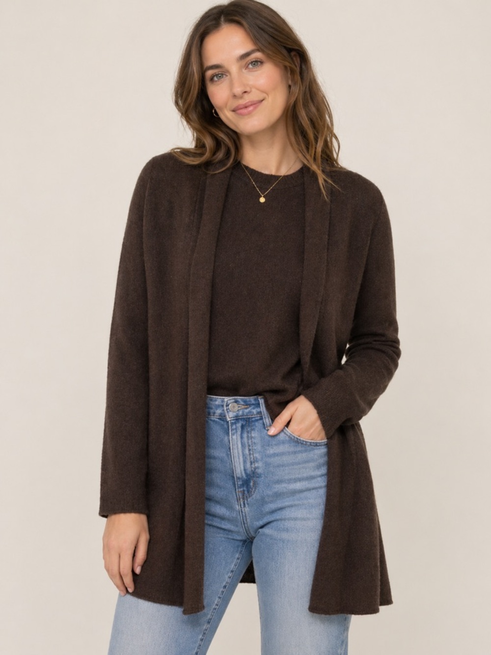 100% Cashmere Espresso Brown Women's Open-Front Longline Cardigan in Dark Brown